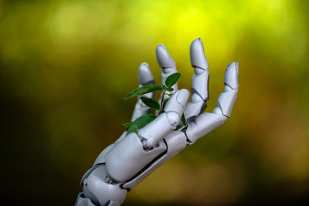 Robot hand with seedling. Green AI concept. Robotics for environment care. Eco biotech advancement. Plant growing in robotic palm. Environmental technology idea.の写真素材