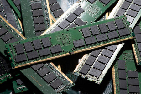 DDR RAM chips close up. Reliable memory for servers and workstations. PC RAM modules for hardware upgrade. Advanced DDR RAM technology. Memory modules for servers and workstations.の写真素材