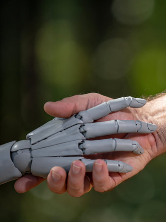 Robot human handshake trust partnership. Robot human handshake cooperation connection. Robot human handshake technology future. Robot human handshake humanity ai.の写真素材