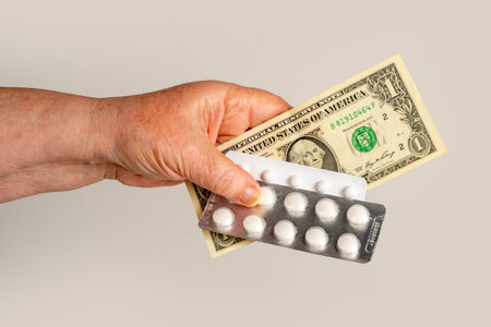 Pills with money and finance concept. Pills in hand for pharmacy budget. Pills with coins and...