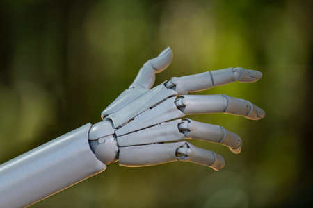 Robot and humanoid hands with technology. Robotics engineering and automation future. Machine...