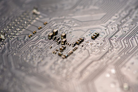 Circuit board with electronic chip. Circuit board in microelectronics macro. Circuit board for...