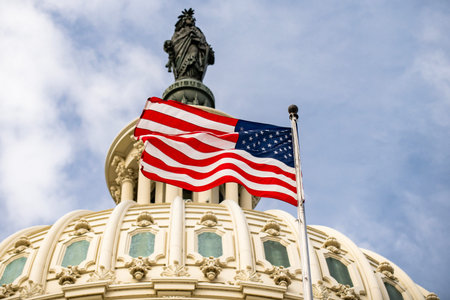 Capitol skyline USA clouds sky. Capitol American flag patriotism. Capitol elections voting...