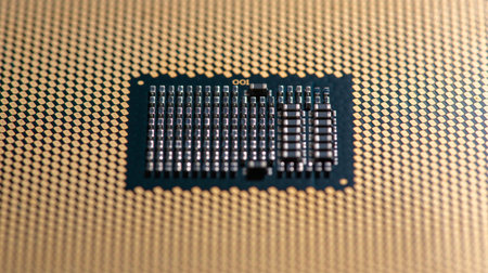 Circuitboard with processor on motherboard surface. Circuit board in macro close-up with processor...