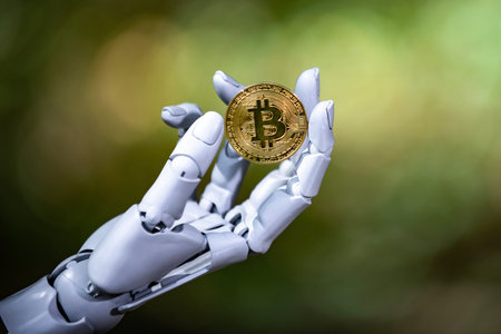 Bitcoin in robotic hand. Bitcoin crypto trading. Bitcoin AI blockchain. Bitcoin crypto AI...