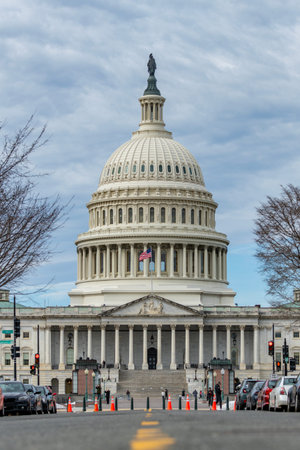 Capitol in united states skyline. Federal Capitol on blue sky in Washington DC. Patriotic Capitol...