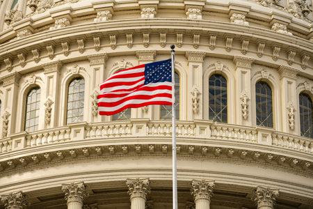 American flag Capitol skyline Washington DC clouds. American flag republic liberty democracy....