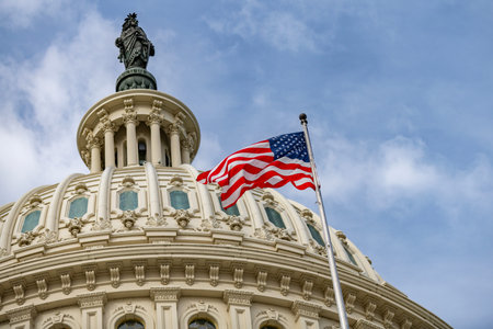 American flag Capitol skyline USA sky. American flag patriotic freedom democracy. American flag voting legislation law. American flag national landmark.の写真素材