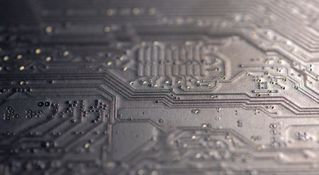Circuit board with integrated electronics. Circuit board in hardware background. Circuit board for...