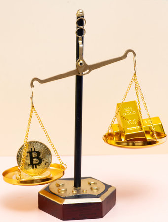 Bitcoin digital asset versus gold bullion reserve. Gold wealth hedge against bitcoin crypto. Bitcoin...
