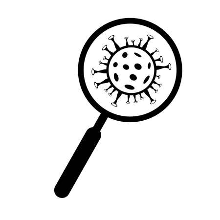 Coronavirus (COVID-19) virus cell with magnifying glass on the white background. Vector Illustration COVID-19 icon. Stop COVID-19 outbreak concept.のイラスト素材