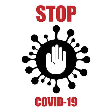 Vector illustration coronavirus 2019-nCoV, Covid-19 with hand stop vector icon. Coronavirus outbreak concept.Virus covid-19 cell icon. Protection covid-19 logo.のイラスト素材