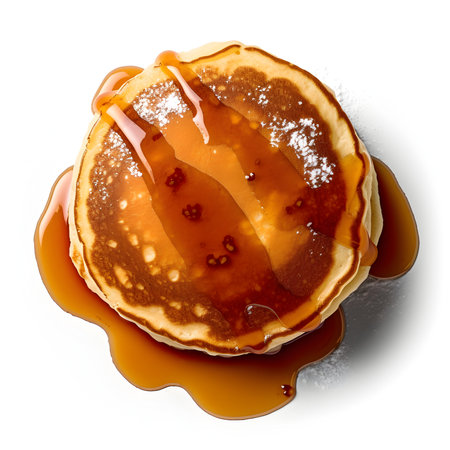 Pancakes with maple syrup isolated on white background. Top view.の写真素材