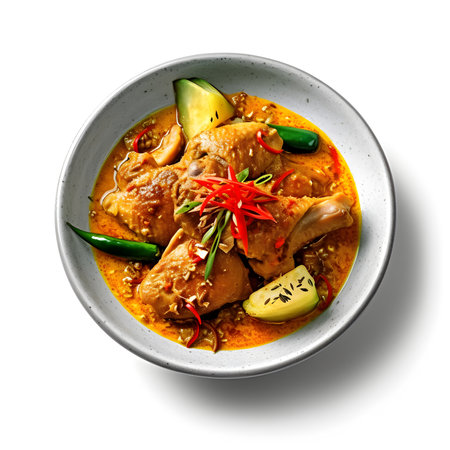 Thai style chicken curry in a bowl isolated on white background.の写真素材