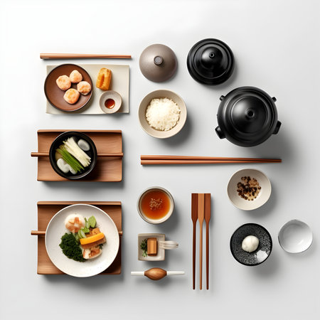 Top view of set of japanese food on white background.の写真素材