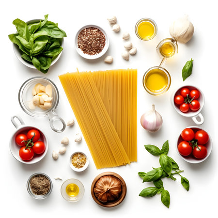 Italian food background. Ingredients for cooking pasta, basil, olive oil, garlic, cherry tomatoes, parmesan cheese, mushrooms and spices on white background top viewの写真素材