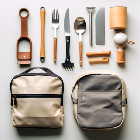 Bag, knife, fork, spoon and knife on white backgroundの写真素材