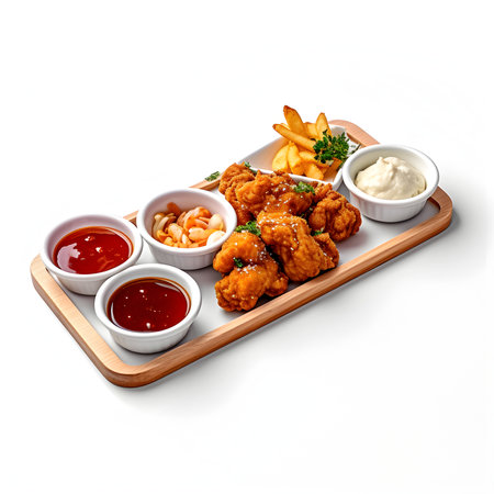 Fried chicken wings with french fries and sauces isolated on white backgroundの写真素材