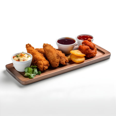 Deep fried chicken nuggets with sauces on a wooden tray isolated on white backgroundの写真素材