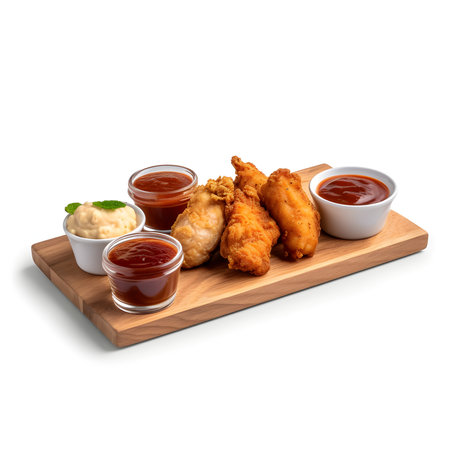 Fried chicken wings with sauces on wooden board isolated on white backgroundの写真素材