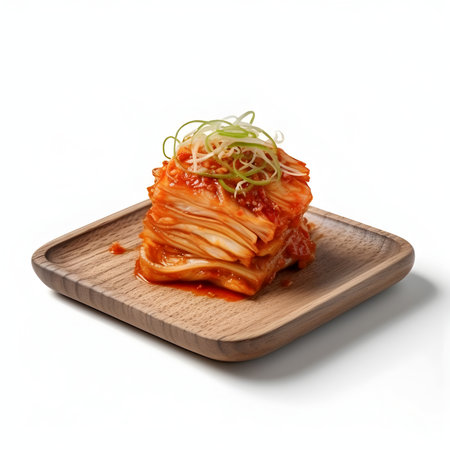 kimchi on a wooden plate isolated on a white background.の写真素材