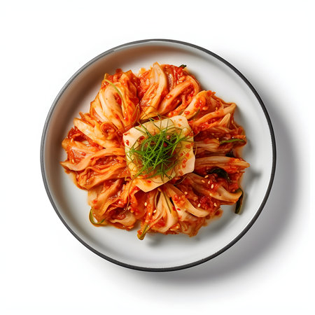 Korean food Kimchi on a white background. Top view.の写真素材