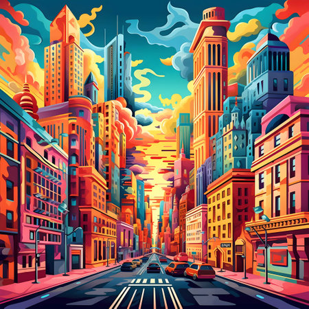 City street with cars and skyscrapers at sunset, vector illustrationの写真素材