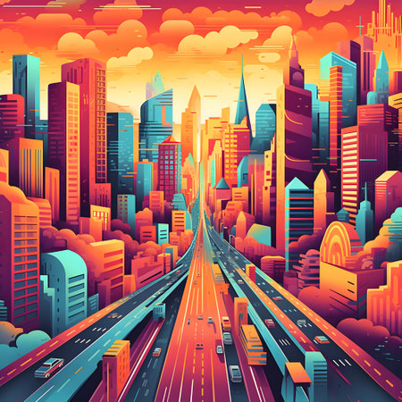 Cityscape with highway and skyscrapers at sunset, vector illustrationの写真素材