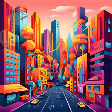 City street with colorful buildings and traffic. Vector illustration in cartoon styleの写真素材