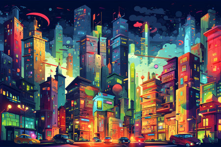 Night city with skyscrapers and neon lights. Vector illustration.の写真素材
