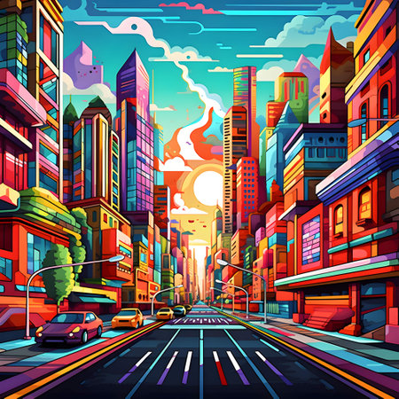 City street at sunset. Vector illustration in cartoon style. Cityscape with buildings, road and cars.の写真素材