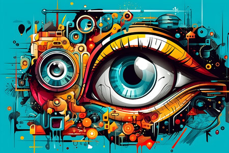 Vector illustration of an eye on a colorful background with music notes.の写真素材