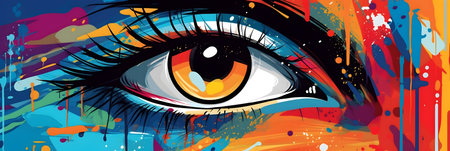 Vector illustration of an eye with paint splashes on colorful background.の写真素材