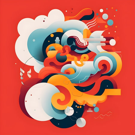 Abstract Colorful Fluid Shapes on Red Background. Vector Illustrationの写真素材