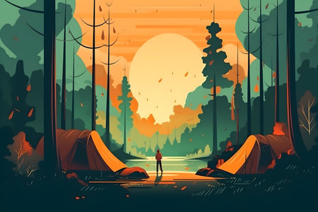 Camping in the forest at sunset. Vector illustration in cartoon styleの写真素材