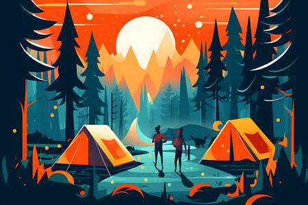 Camping in the forest at sunset. Vector illustration in flat styleの写真素材