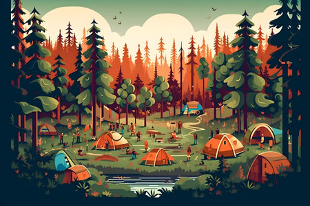 Camping in the woods. Vector illustration in retro style. Cartoon style.の写真素材