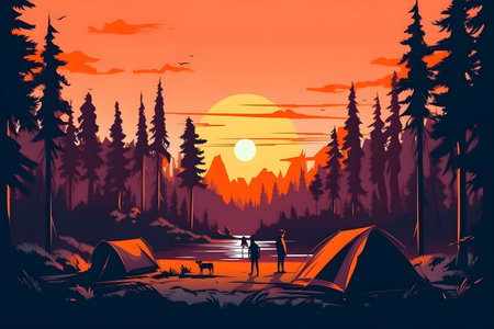 Camping in the forest at sunset. Vector illustration in retro styleの写真素材