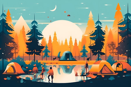 Camping in the forest at sunset. Vector illustration in flat styleの写真素材