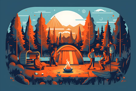 Camping in the woods. Vector illustration in a flat style.の写真素材