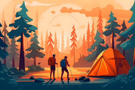 Tourist couple hiking in the forest at sunset, vector illustration.の写真素材
