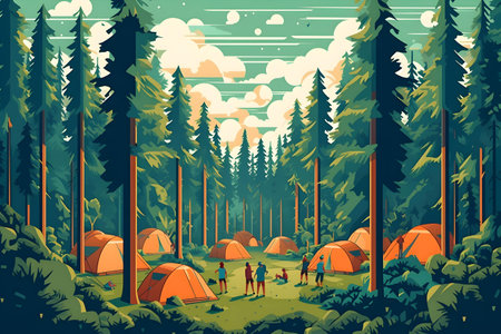 Tourist camping in the forest. Vector illustration in cartoon style.の写真素材