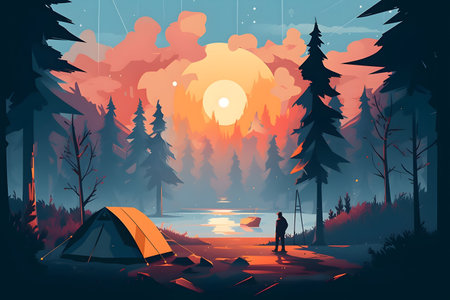 Camping at sunset in the forest. Vector illustration in flat styleの写真素材