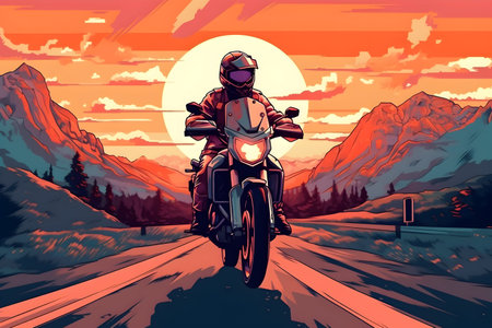 Motorcycle rider on the road at sunset. Vector illustration in retro style.の写真素材