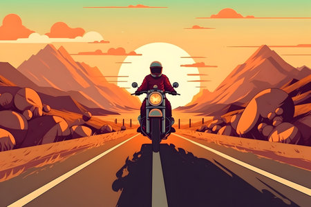 Biker on a motorcycle on the road at sunset, vector illustrationの写真素材