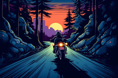 Motorcyclist rides on the road in the forest. Vector illustrationの写真素材