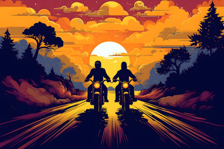 Motorcyclists on the road in the sunset. Vector illustration.の写真素材