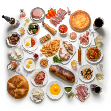 Rich and delicious breakfast on white background. Top view, flat layの写真素材
