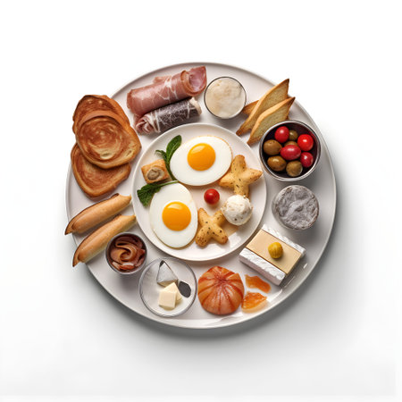Breakfast with fried eggs, sausages, ham, cheese and vegetablesの写真素材