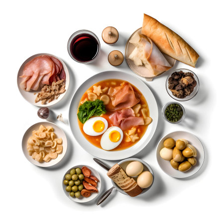 Selection of Italian food on white background. Top view, flat layの写真素材